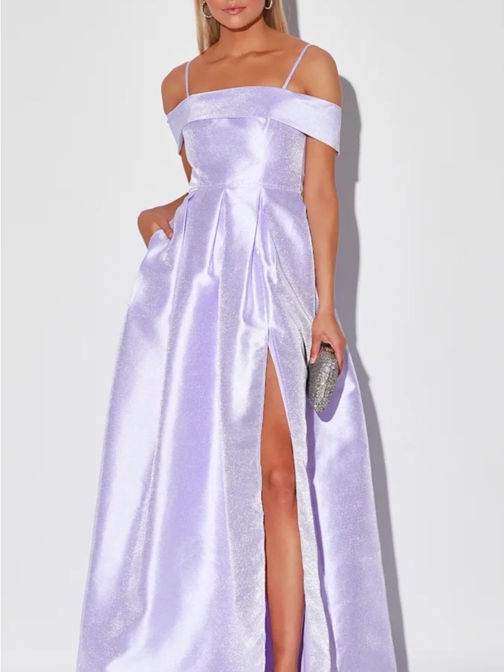 Lulu's girls waltzed into my heart Shimmery Lilac Off-Shoulder maxi Gown